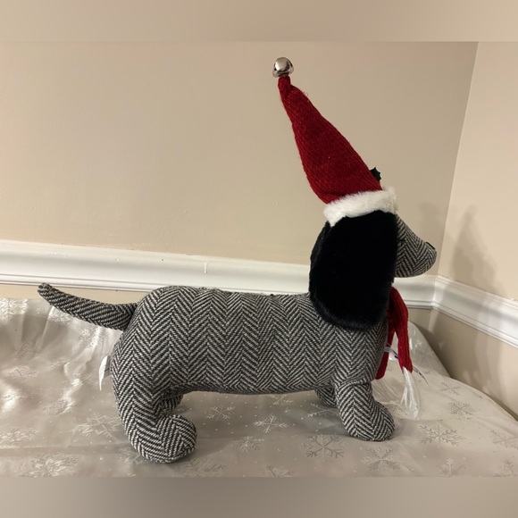 Festive Herringbone Dachshund Plush with Santa Hat - Picture 3 of 4